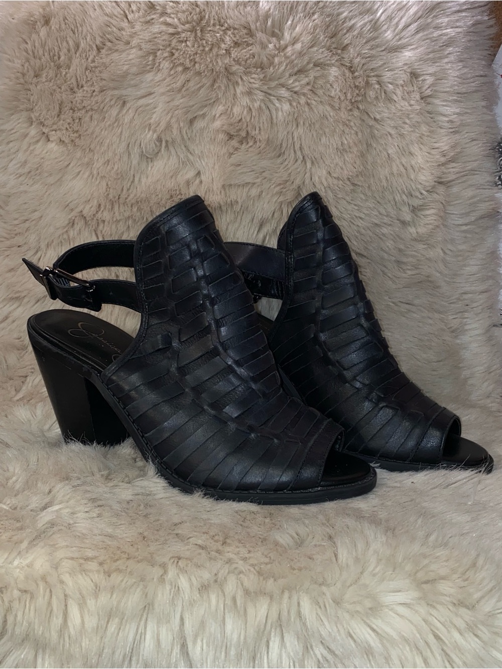 Jessica Simpson Black Woven Peep-Toe Slingback Block Heels